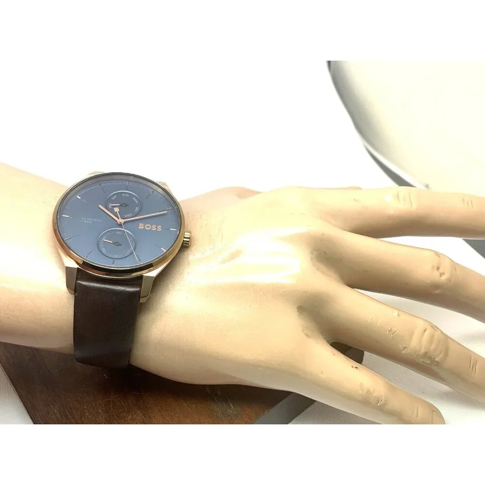 Hugo Boss Mens Watch 1514103 Tyler Quartz Rose Gold Blue Dial Brown Leather 43mm
